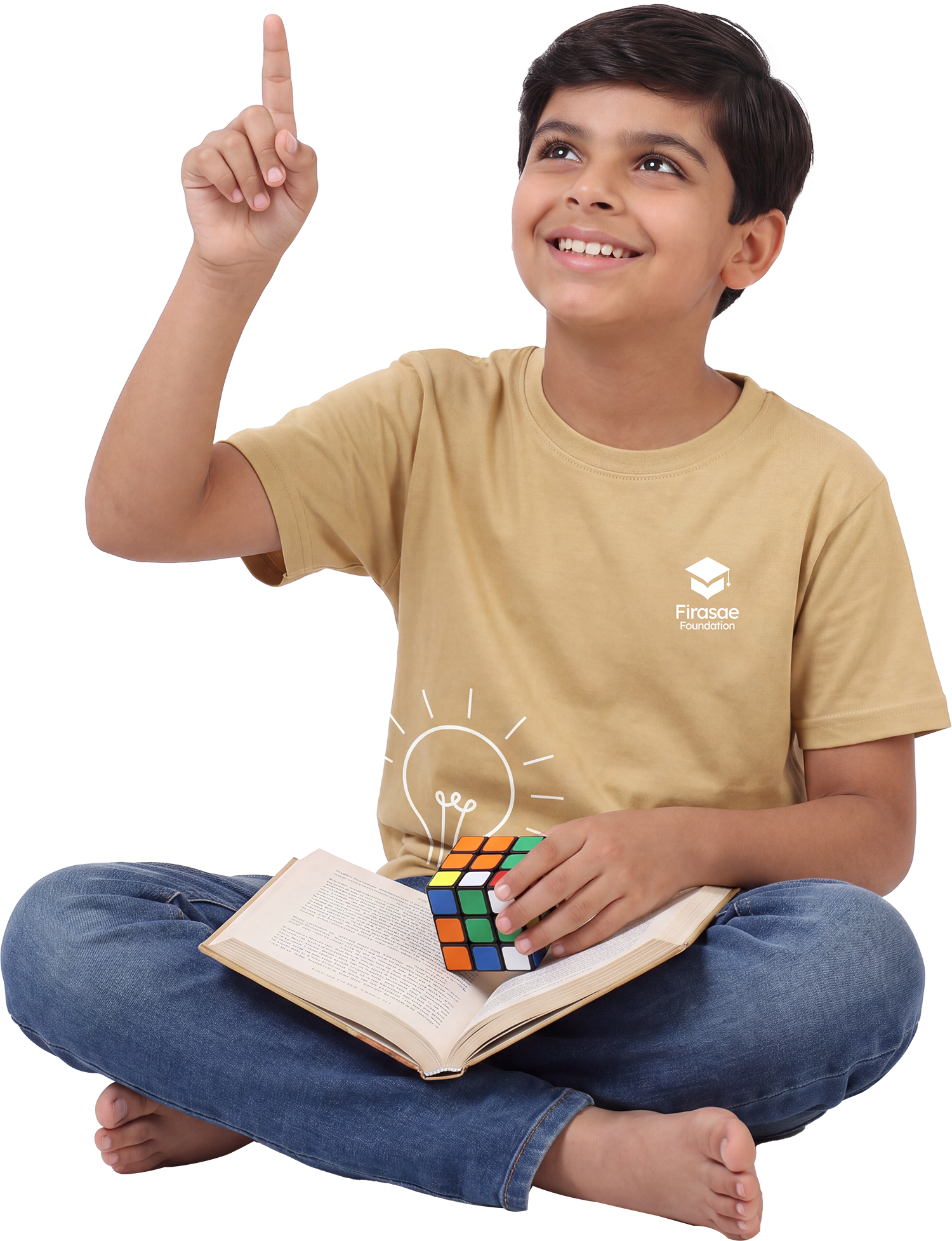 A child with an open book and a puzzle cube